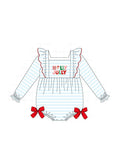 Load image into Gallery viewer, Blue Stripe Holly Jolly Embroidery Ruffle Onesie