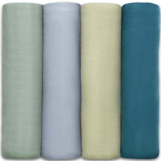 Muslin Swaddle Blankets in Sage, Pacific Blue, Fern, Neptune, 4 Pack