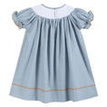 Load image into Gallery viewer, Light Blue Pinstripe Turkey Smocked Bishop Dress