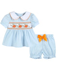 Load image into Gallery viewer, Light Blue Pumpkin Vine Smocked Dress and Bloomers