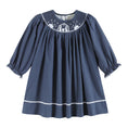Load image into Gallery viewer, Navy Blue Nativity Long Sleeve Smocked Bishop Dress
