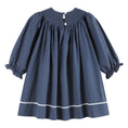 Load image into Gallery viewer, Navy Blue Nativity Long Sleeve Smocked Bishop Dress