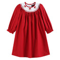 Load image into Gallery viewer, Red Poplin Santa Long Sleeve Smocked Bishop Dress