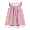 Load image into Gallery viewer, Red Seersucker Strawberry Smocked Bishop Dress