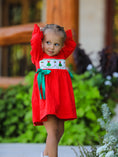 Load image into Gallery viewer, Christmas Smocked Dress with Green Bow and Tree Embroidery