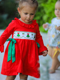 Load image into Gallery viewer, Christmas Smocked Dress with Green Bow and Tree Embroidery