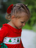 Load image into Gallery viewer, Christmas Smocked Dress with Green Bow and Tree Embroidery