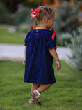 Load image into Gallery viewer, Christmas Holiday Celebration Dress: Navy with Santa Sleigh