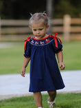 Load image into Gallery viewer, Christmas Holiday Celebration Dress: Navy with Santa Sleigh
