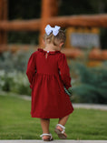 Load image into Gallery viewer, Christmas Smocking Embroidered Girls Dress with Green Plaid Bow