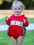 Load image into Gallery viewer, Christmas Smocked Girls Romper with Green Bow and Tree Embroidery