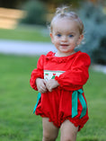 Load image into Gallery viewer, Christmas Smocked Girls Romper with Green Bow and Tree Embroidery