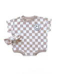 Load image into Gallery viewer, Short Sleeve Bubble Romper | Checkered Smiley Latte