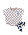 Load image into Gallery viewer, Short Sleeve Bubble Romper | Checkered Smiley Latte