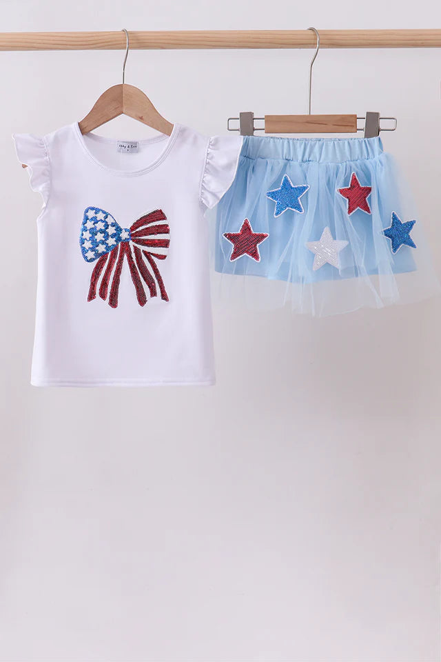 BLUE BOW STAR SEQUIN SKORT SET