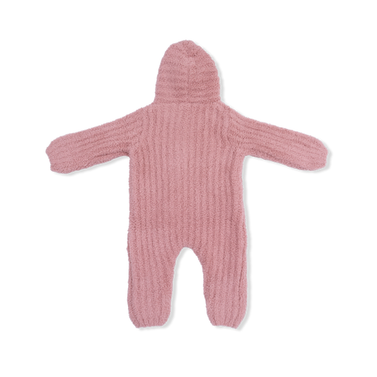 Chenille - Rose Hooded Romper with Striped Texture