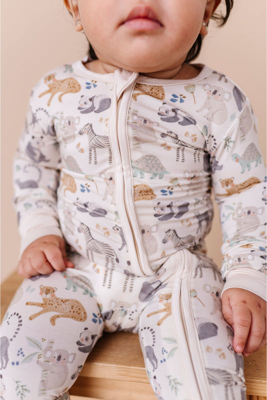 Bamboo One Piece Zip Pajama - Safari Friends