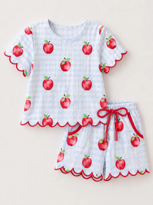 PREORDER Back To School Apple Plaid Girls Scallop Trim Shorts Set
