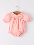 Load image into Gallery viewer, Girls Horse Smocking Embroidered Coral Romper
