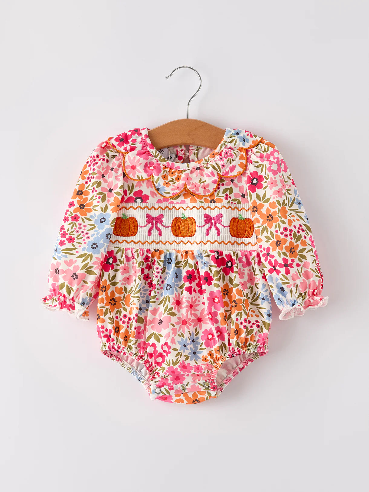 Fall Pumpkin Bow Smock Embroidered Floral Baby Girl Romper