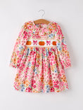 Load image into Gallery viewer, Fall Pumpkin Bow Smock Embroidered Floral Dress
