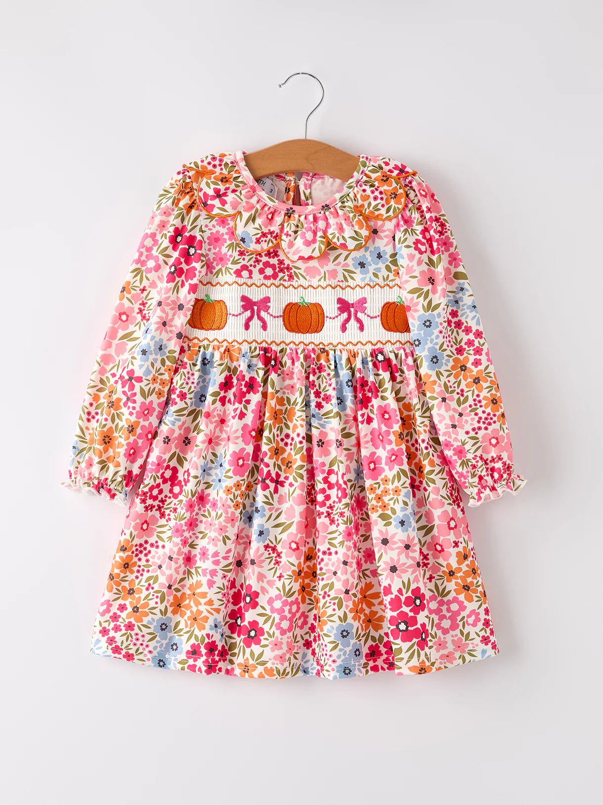 Fall Pumpkin Bow Smock Embroidered Floral Dress