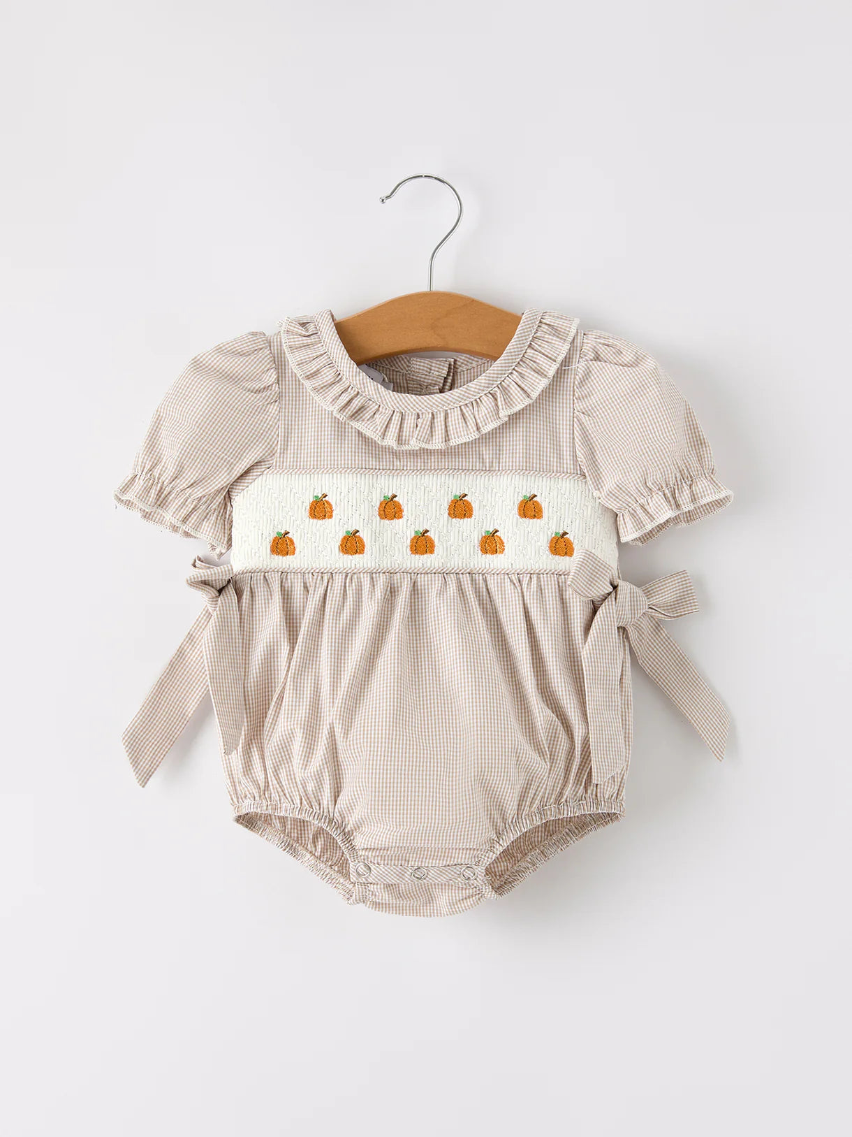 Fall Halloween & Thanksgiving Pumpkin Embroidery Smock Plaid Baby Girl Romper