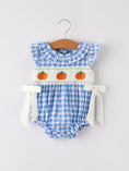 Load image into Gallery viewer, Fall Thanksgiving& Halloween Blue Pumpkin Smock Embroidery Baby Girl Romper
