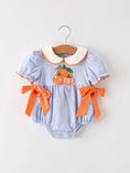 Load image into Gallery viewer, Fall Thanksgiving and Halloween Lapel Stripe Pumpkin Applique Bow Girls Romper
