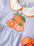 Load image into Gallery viewer, Fall Thanksgiving and Halloween Lapel Stripe Pumpkin Applique Bow Girls Romper
