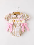 Load image into Gallery viewer, Fall Thanksgiving Lapel Plaid Chick Embroidery Smocking Bow Baby Girls Romper

