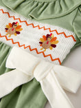 Load image into Gallery viewer, Fall Thanksgiving Chicken Smock Embroidered Green  Baby Girl Romper

