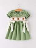 Load image into Gallery viewer, Fall Thanksgiving Chicken Smock Embroidered Green  Baby Girl Dress
