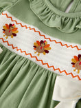 Load image into Gallery viewer, Fall Thanksgiving Chicken Smock Embroidered Green  Baby Girl Dress
