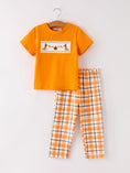 Load image into Gallery viewer, Fall Halloween Orange Embroidery Smocking Boys Set
