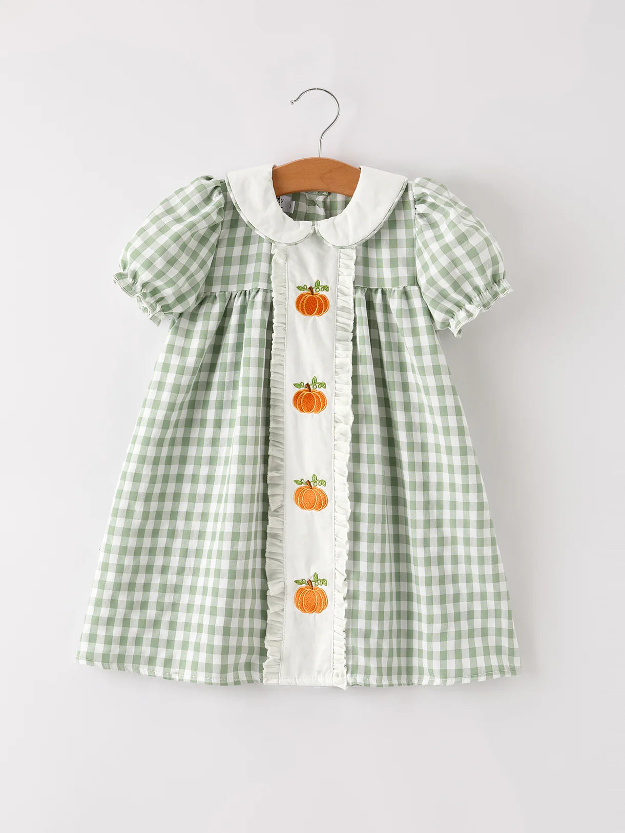Fall Halloween & Thanksgiving Pumpkin Applique Plaid Green Girls Dress