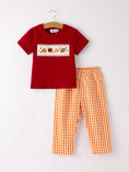 Load image into Gallery viewer, Fall Turkey Embroidered Boy Set – Orange Checkered with Thanksgiving Details
