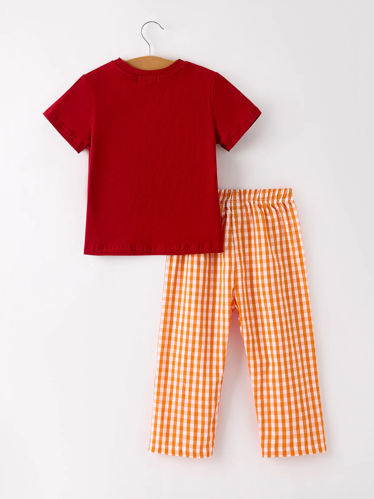 Fall Turkey Embroidered Boy Set – Orange Checkered with Thanksgiving Details