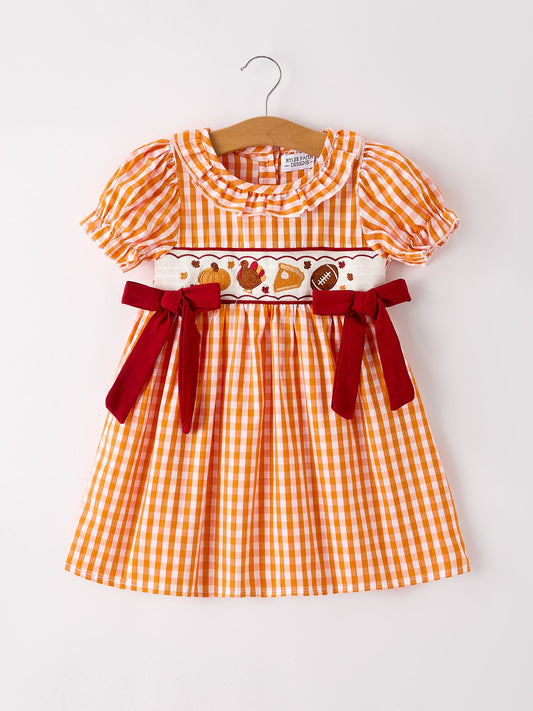 Fall Turkey Embroidered Dress for Girls – Orange Checkered with Thanksgiving Details