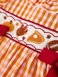 Load image into Gallery viewer, Fall Turkey Embroidered Dress for Girls – Orange Checkered with Thanksgiving Details
