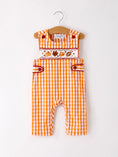 Load image into Gallery viewer, Fall Turkey Embroidered Romper for Baby Boys – Orange Checkered with Thanksgiving Details
