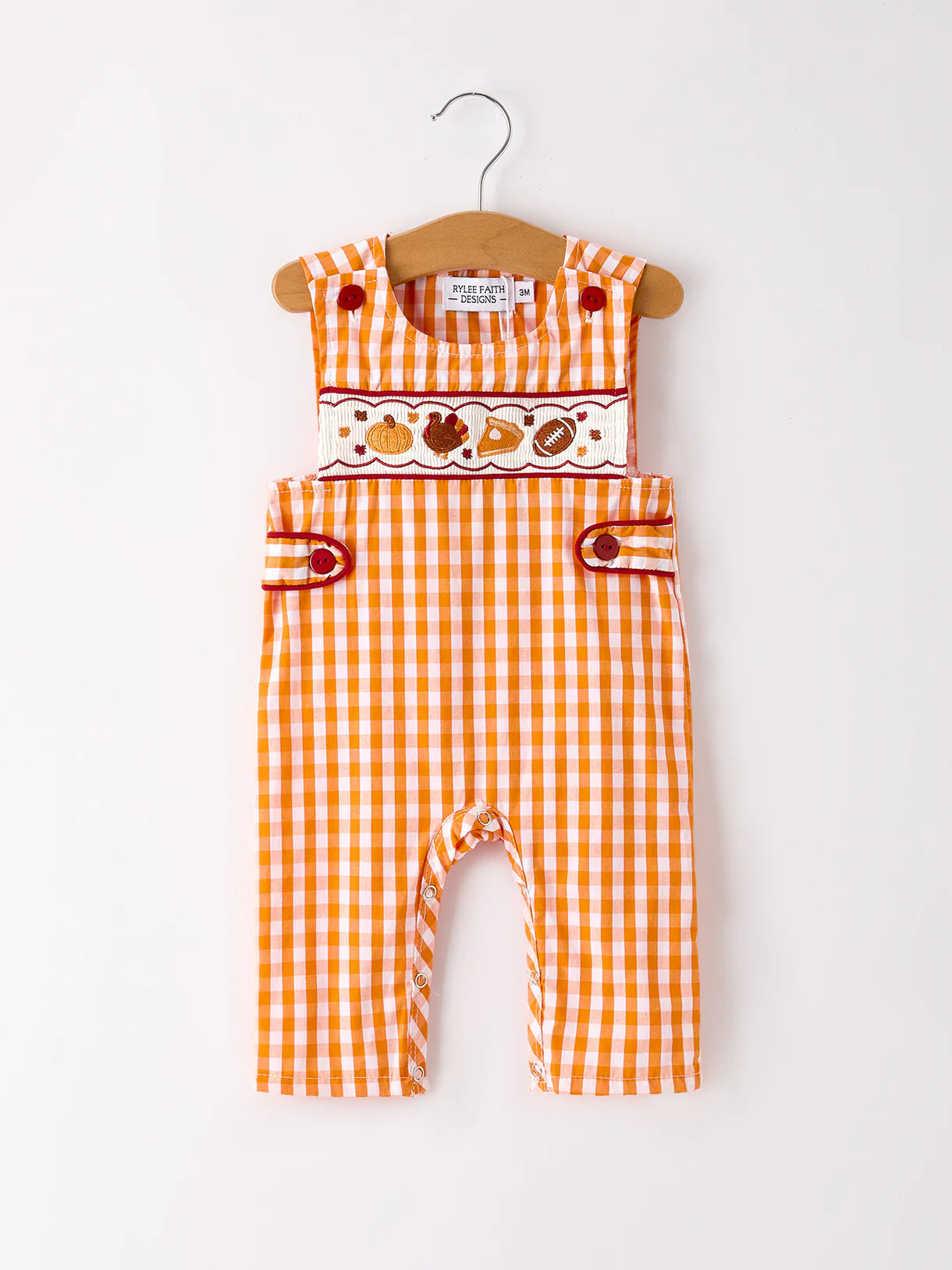Fall Turkey Embroidered Romper for Baby Boys – Orange Checkered with Thanksgiving Details