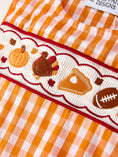 Load image into Gallery viewer, Fall Turkey Embroidered Romper for Baby Boys – Orange Checkered with Thanksgiving Details
