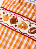 Load image into Gallery viewer, Fall Turkey Embroidered Romper for Baby Boys – Orange Checkered with Thanksgiving Details
