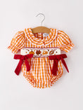 Load image into Gallery viewer, Turkey Fall Embroidered Romper for Baby Girls – Orange Checkered with Thanksgiving Details
