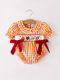 Load image into Gallery viewer, Turkey Fall Embroidered Romper for Baby Girls – Orange Checkered with Thanksgiving Details
