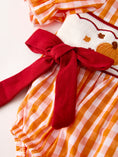Load image into Gallery viewer, Turkey Fall Embroidered Romper for Baby Girls – Orange Checkered with Thanksgiving Details
