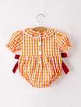 Load image into Gallery viewer, Turkey Fall Embroidered Romper for Baby Girls – Orange Checkered with Thanksgiving Details
