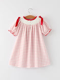 Load image into Gallery viewer, Pink Gingham Christmas Girls Dress: Santa Embroidery with Red Satin Ribbon
