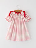 Load image into Gallery viewer, Pink Gingham Christmas Girls Dress: Santa Embroidery with Red Satin Ribbon
